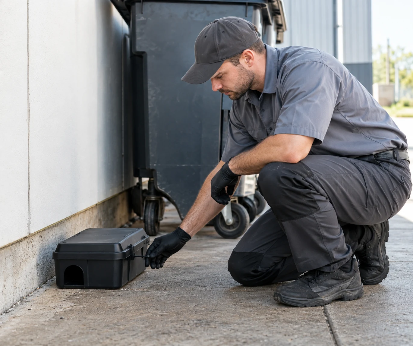 Pest control technician inspecting a property for commercial mouse control