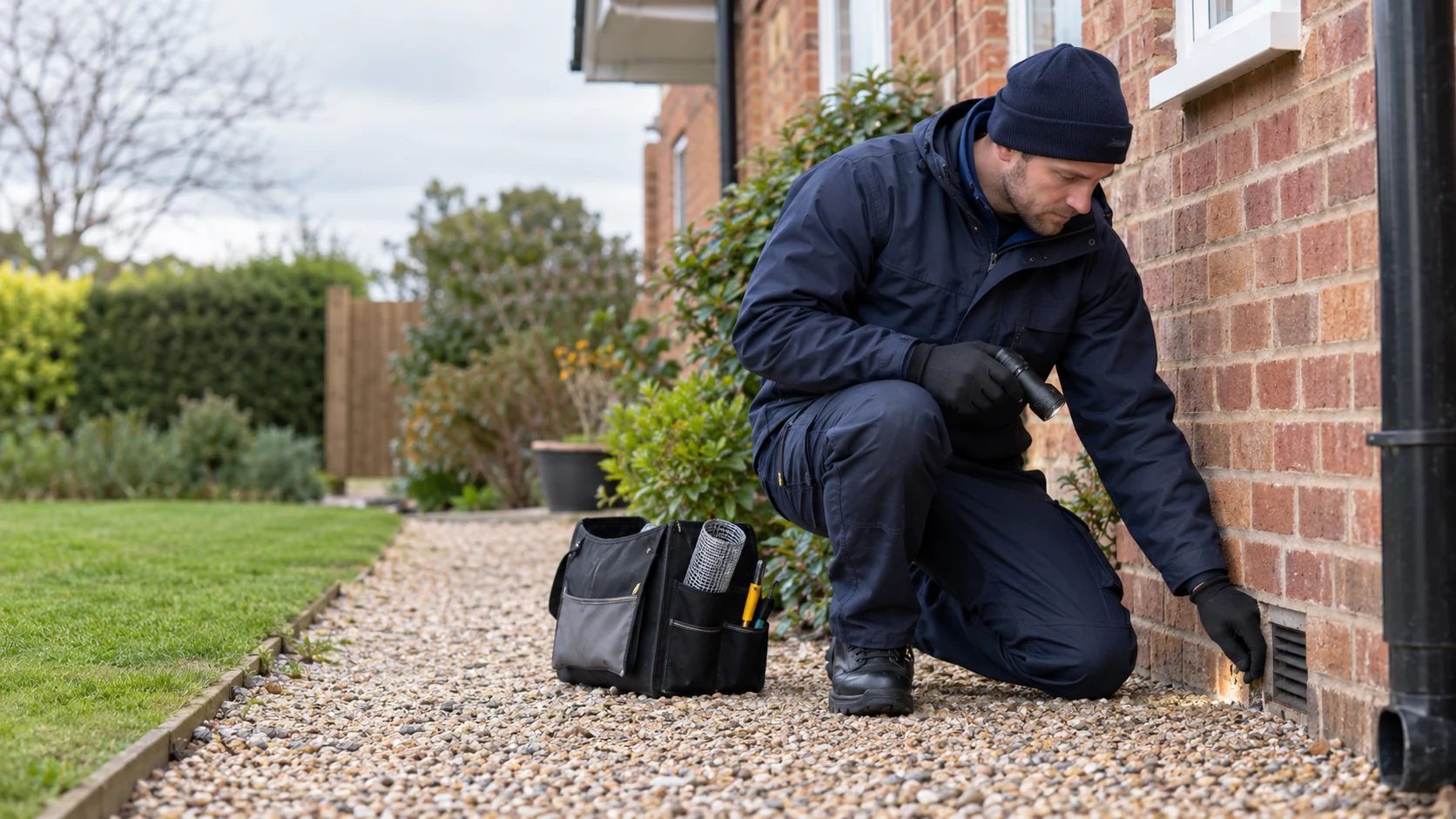 Pest technician examining the exterior of a UK house for possible mouse entry points