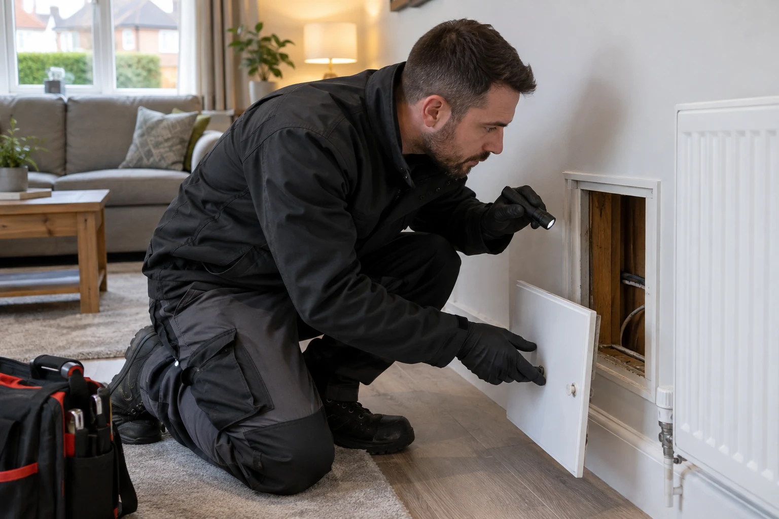 Pest control technician inspecting a property for mouse control follow-up