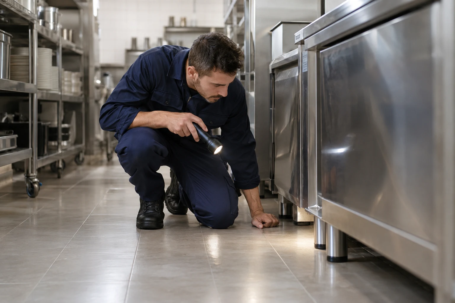 Pest control technician inspecting a property for mouse entry point inspection