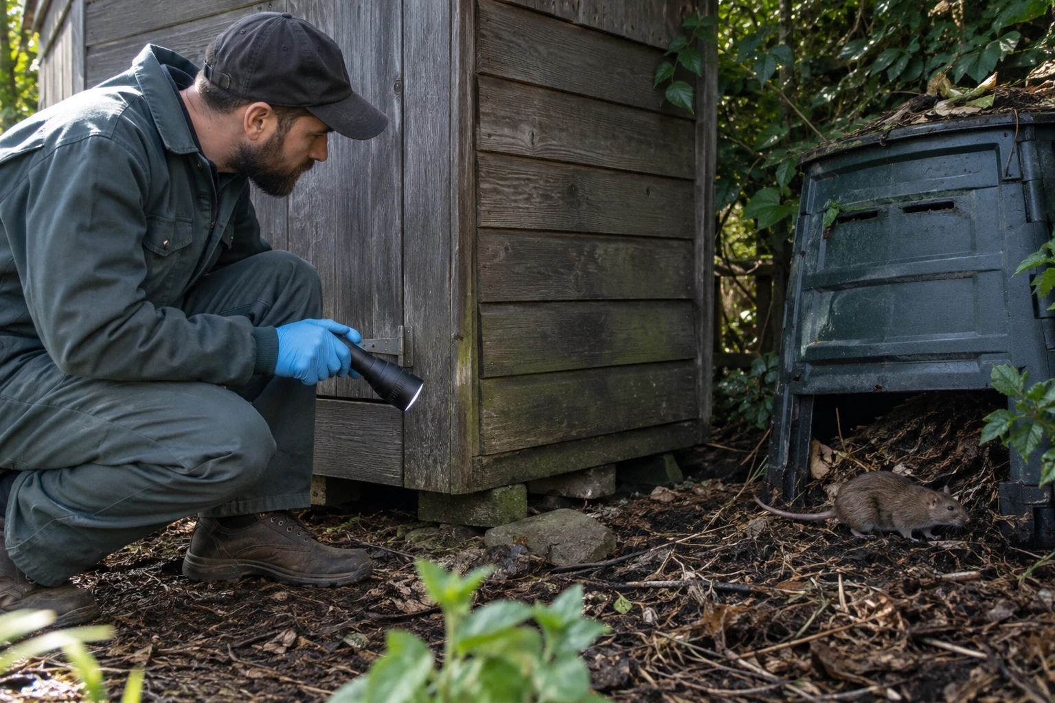 Pest control technician inspecting a property for mouse trapping service